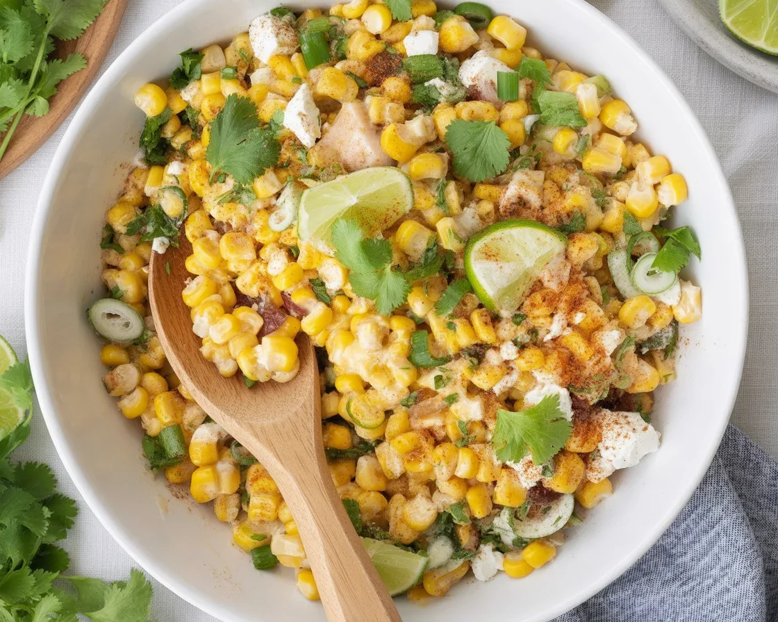 Colorful Mexican Street Corn Salad with grilled corn, cheese, lime, and spices.