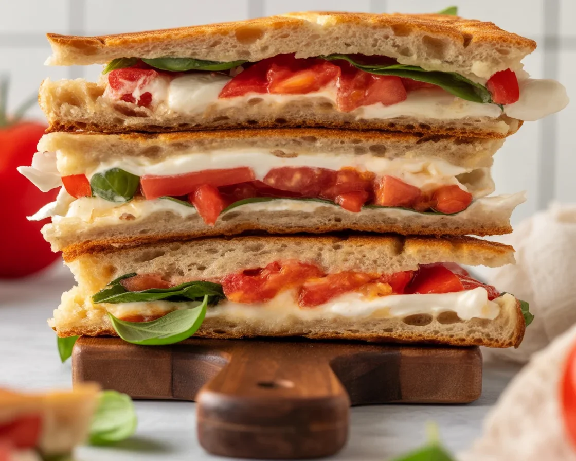 Delicious caprese panini with mozzarella, tomatoes, and basil on grilled bread.