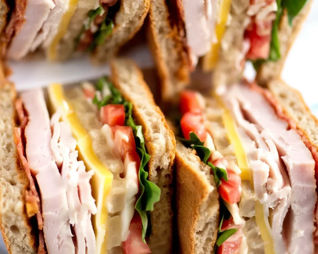 Delicious club sandwich with layers of bacon, turkey, lettuce, and tomato on toasted bread.