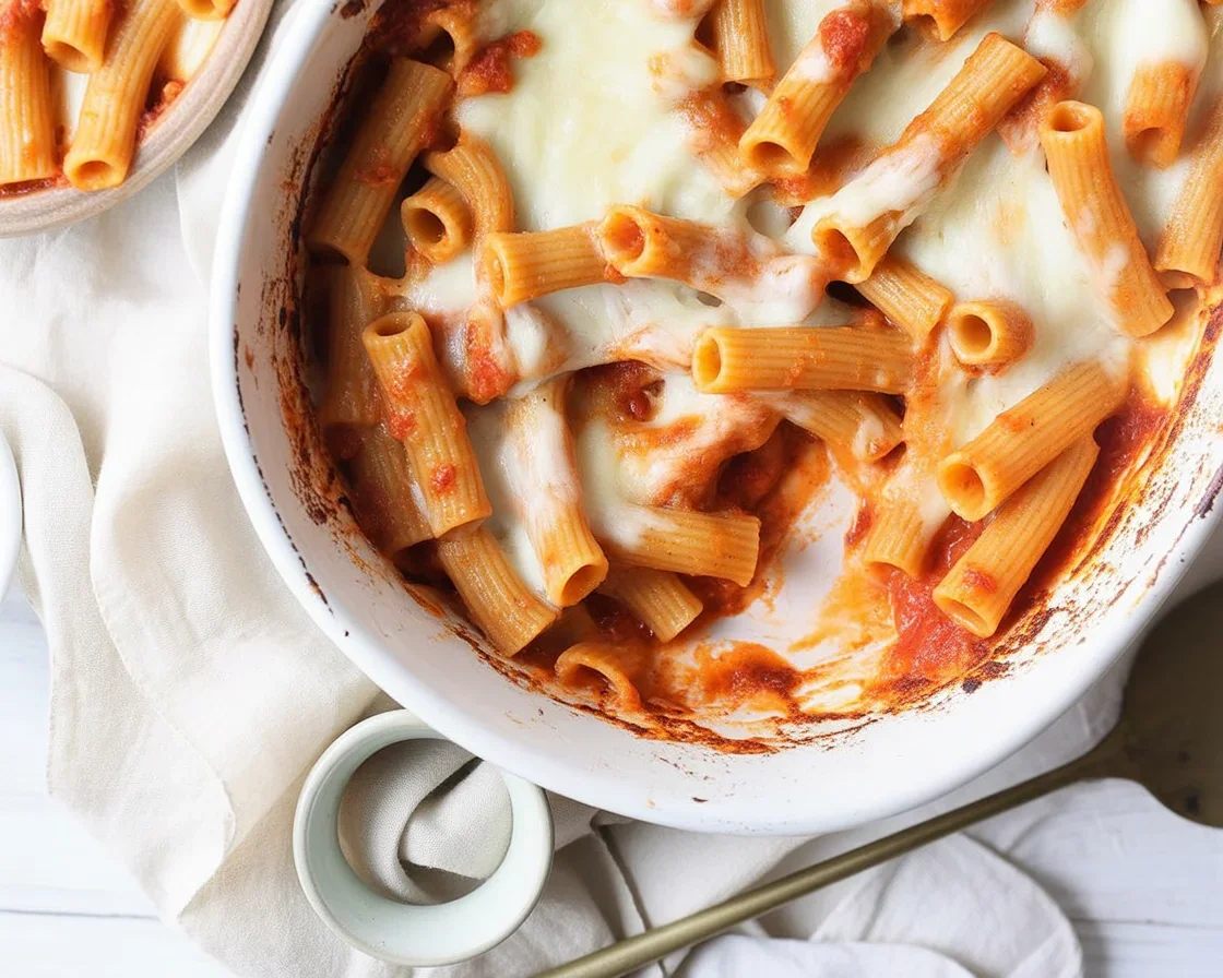 Delicious easy baked ziti with layers of ricotta, mozzarella, and marinara sauce.