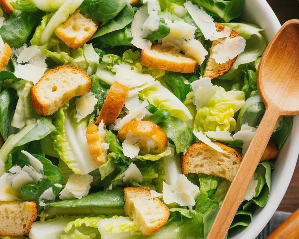A delicious easy Caesar salad with crisp romaine, crunchy croutons, and creamy dressing.