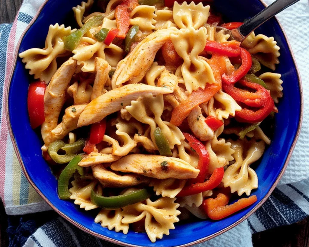 Creamy chicken fajita pasta served in a skillet with peppers and a rich sauce.