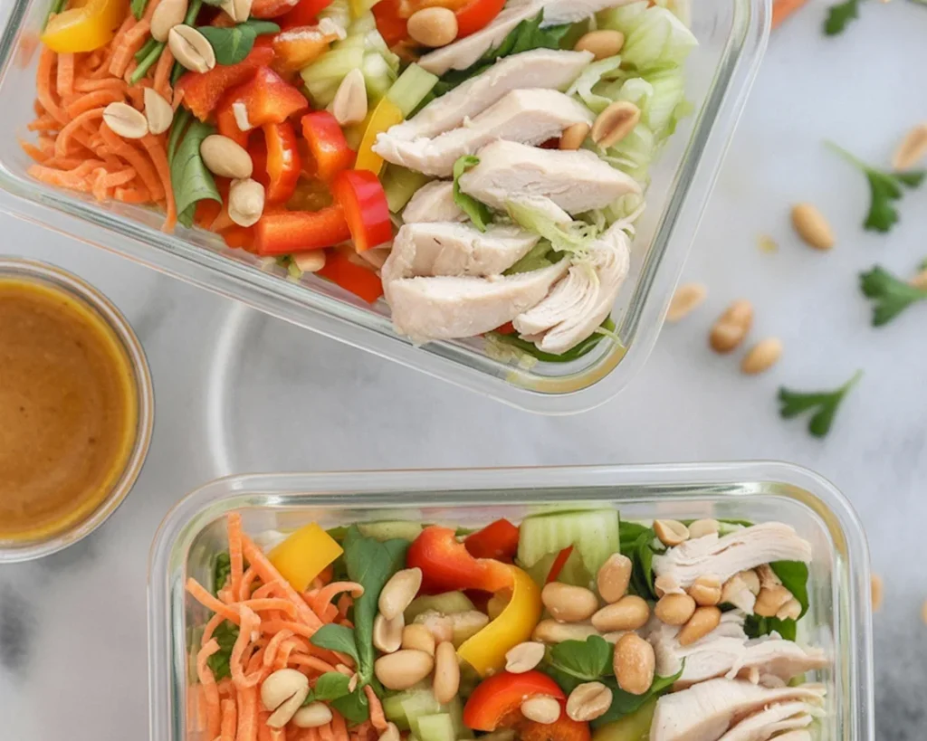 Colorful Asian chicken salad meal prep with fresh veggies and sesame dressing
