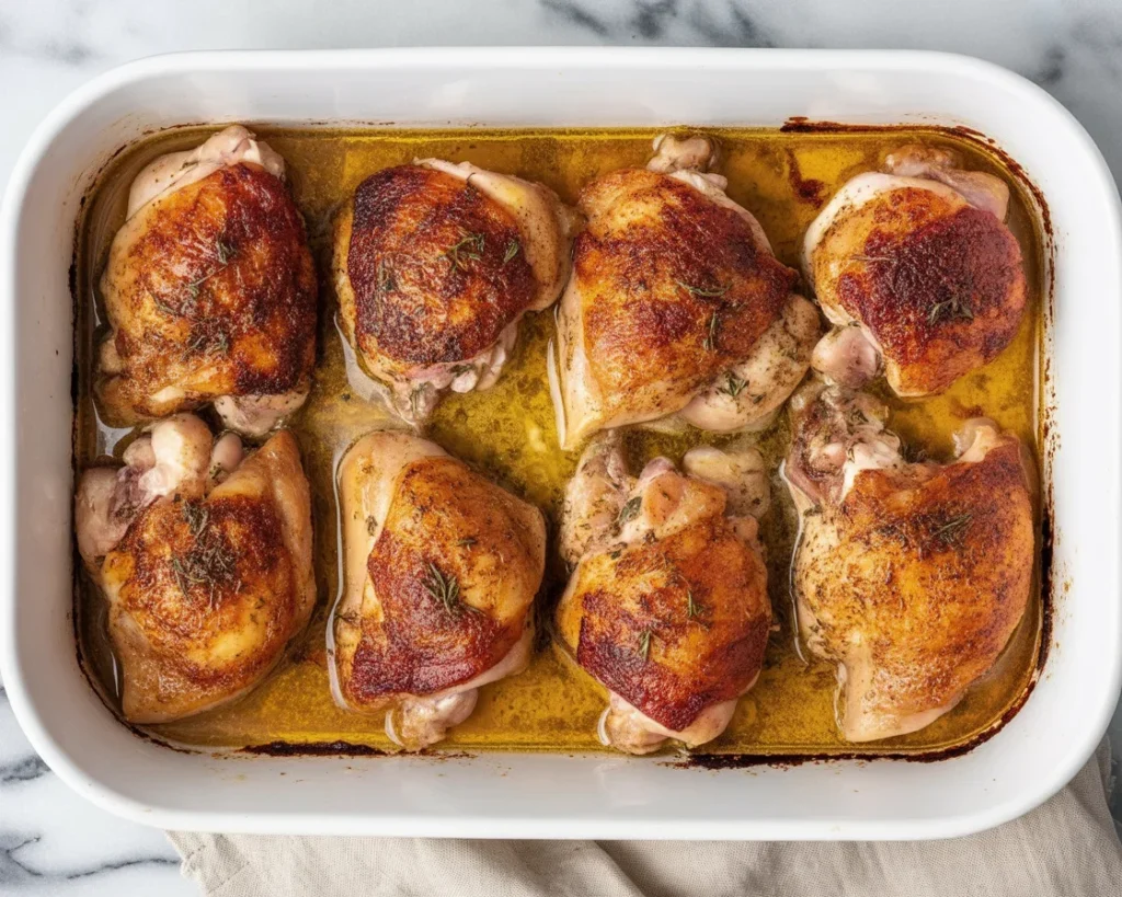 Baked honey mustard chicken thighs served with herbs and spices.