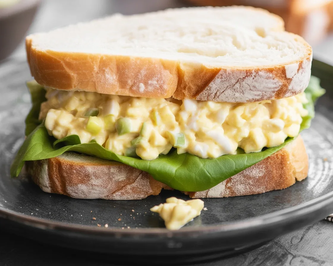 Easy egg salad sandwich made with hard-boiled eggs, mayonnaise, and mustard.