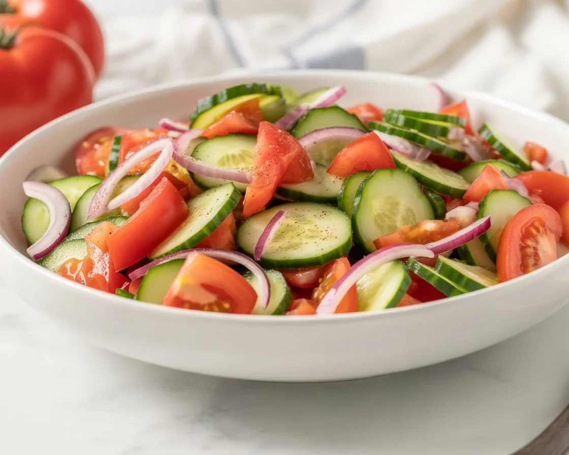 Fresh cucumber tomato salad with onions and vinaigrette dressing.