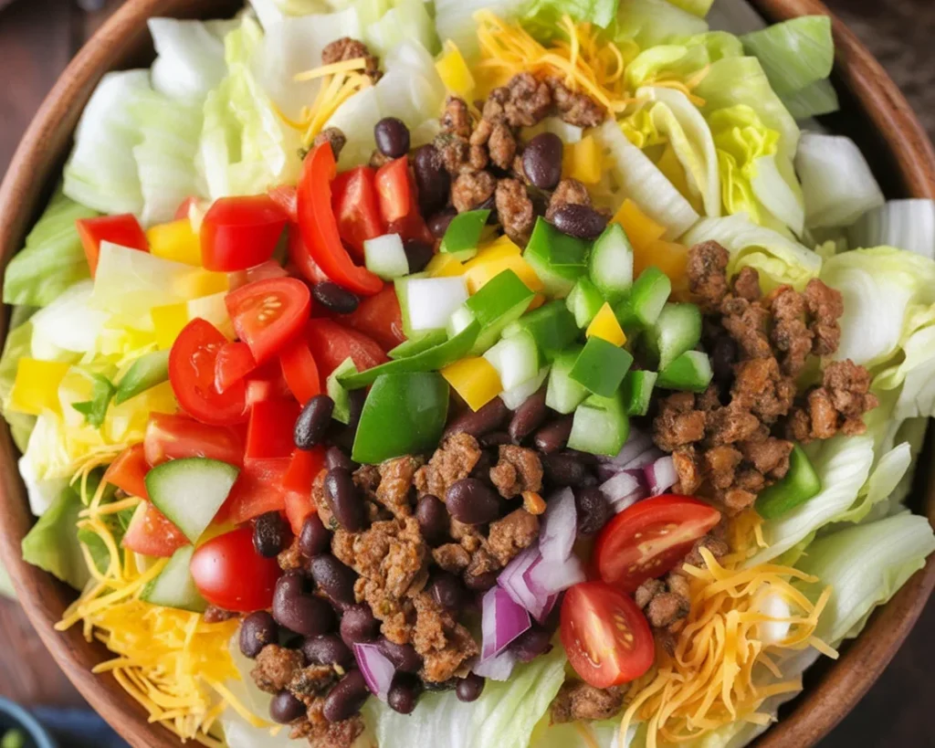 Colorful easy taco salad with ground beef, vegetables, and tortilla strips.