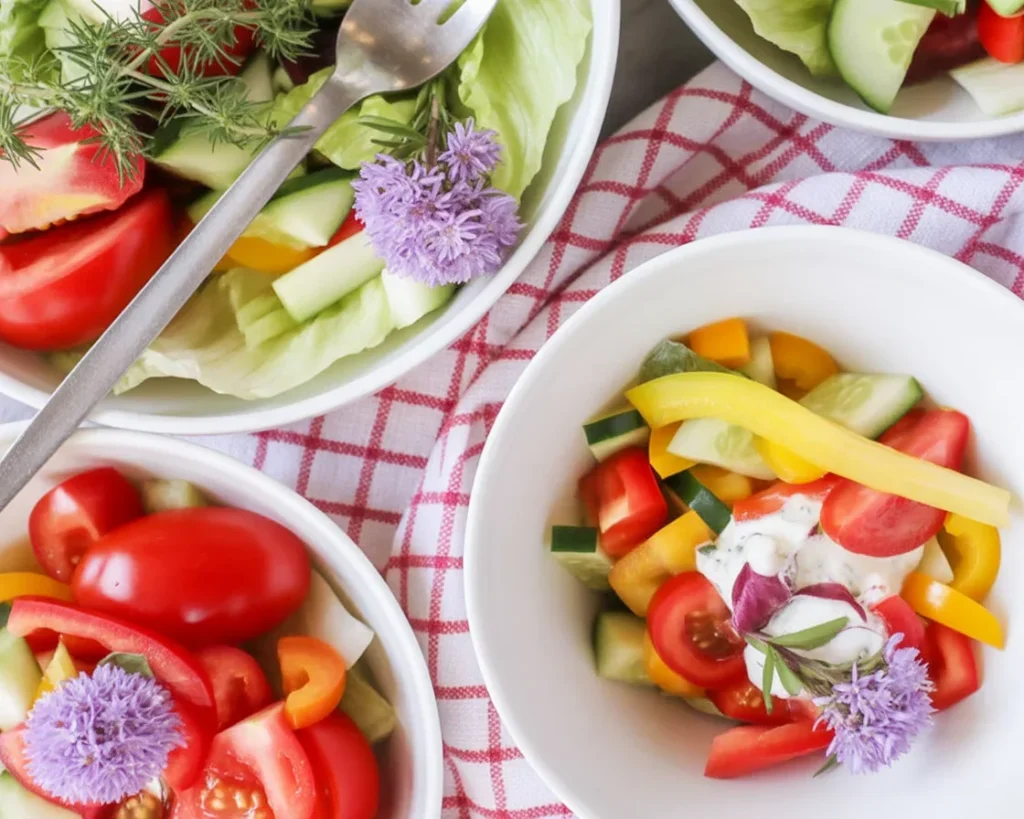 Colorful vegetable salad for kids with fresh veggies like cucumbers, tomatoes, and peppers.