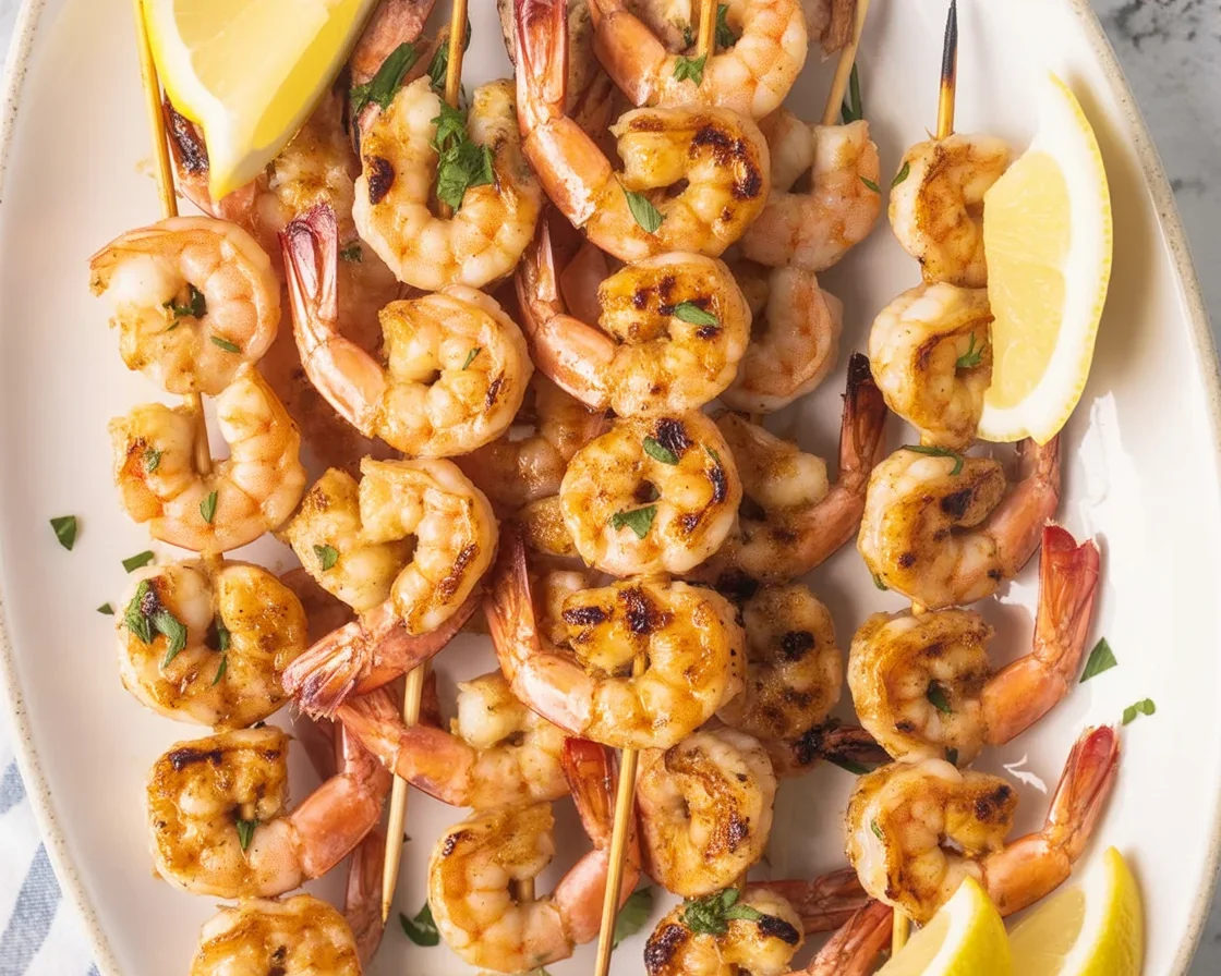Delicious grilled shrimp skewers marinated in olive oil and lemon juice.