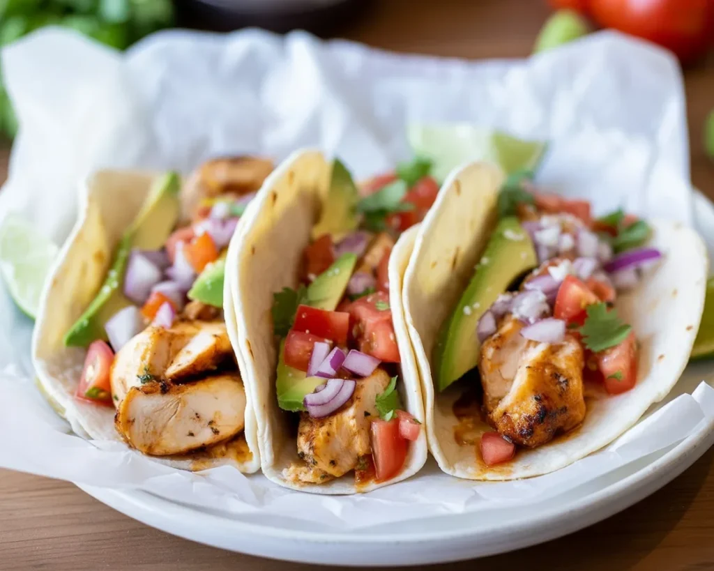 Delicious baked fish tacos topped with fresh slaw and avocado.