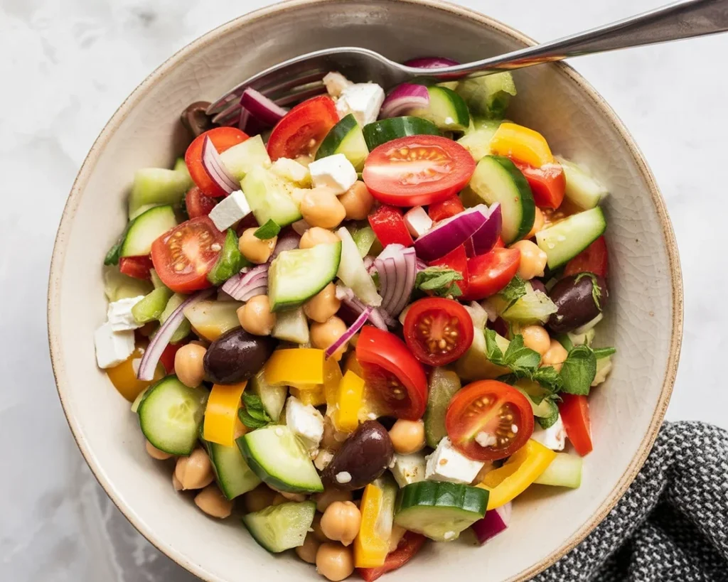 Colorful Greek salad with chickpeas, cucumbers, tomatoes, feta, and olives.