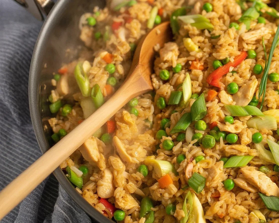Delicious bowl of leftover chicken fried rice with vegetables and seasoning
