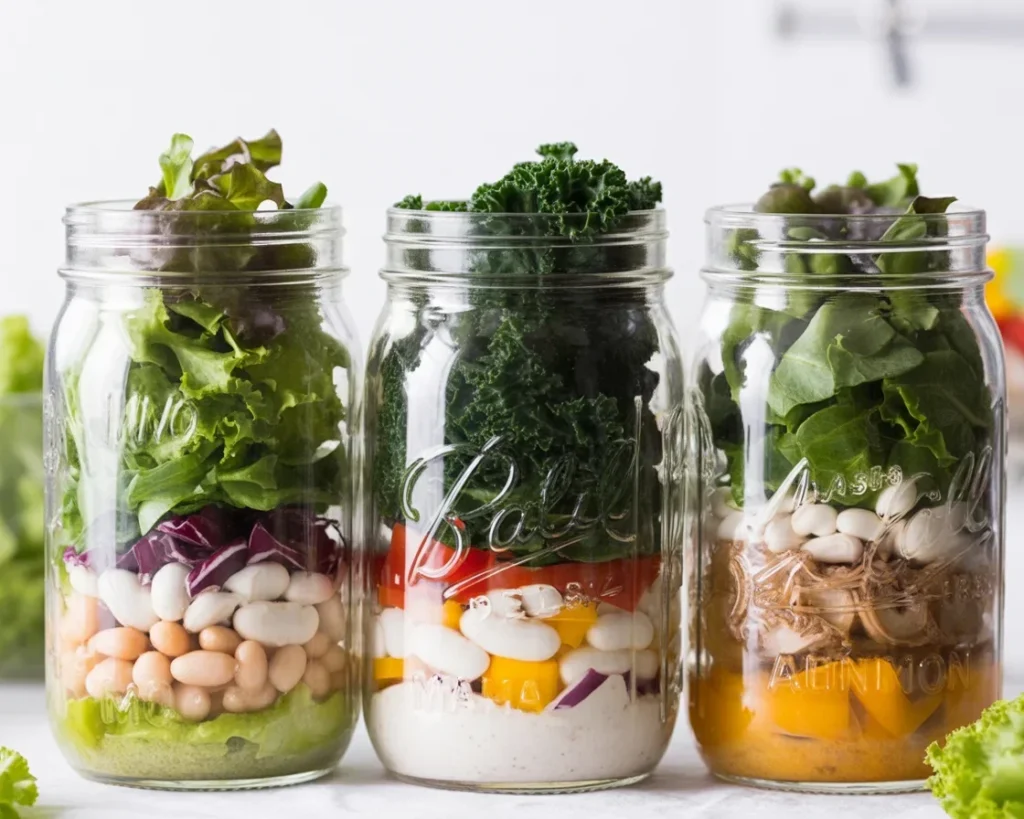 Colorful mason jar salad layered with fresh veggies and dressing for meal prep.