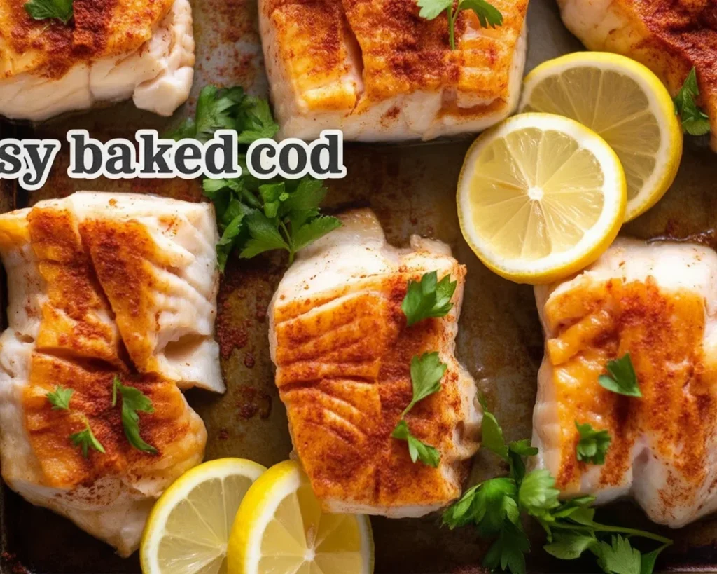 Moist and flavorful baked cod with lemon and garlic sauce, ready in 15 minutes.