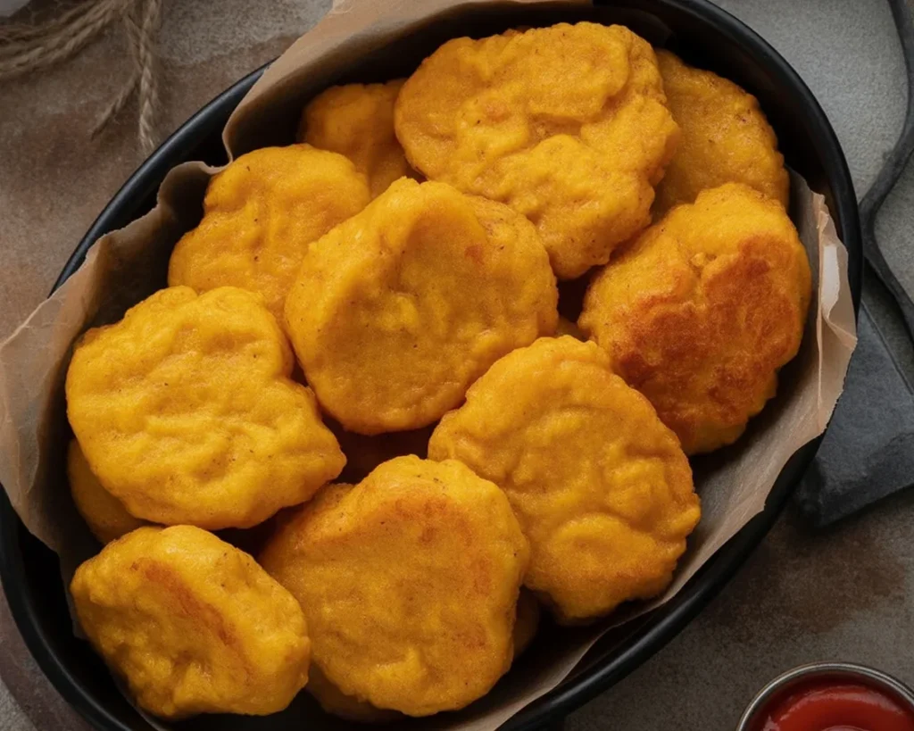 Delicious homemade chicken nuggets served with ketchup on a plate.