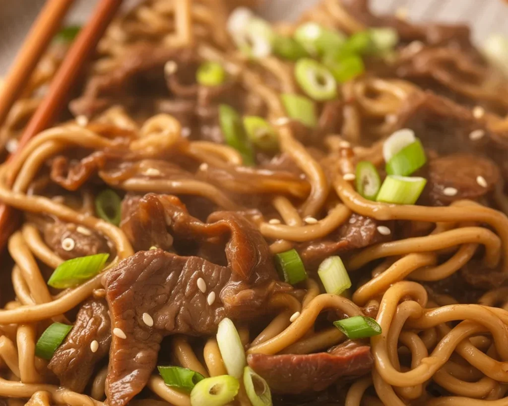 Delicious Mongolian beef noodles with tender steak and savory sauce, ready in 30 minutes.