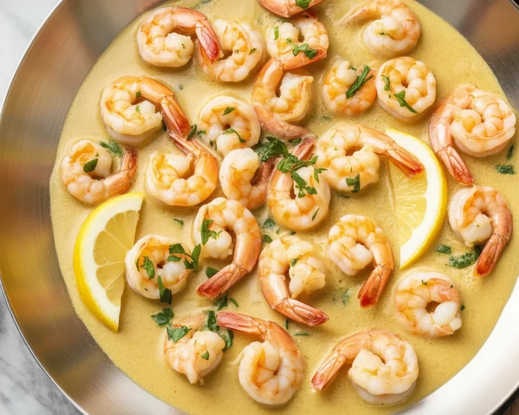 Delicious easy shrimp scampi with garlic and lemon served over pasta.