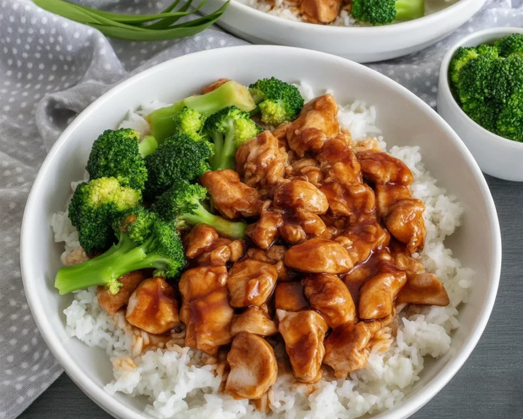 Delicious teriyaki chicken bowl with rice, fresh veggies, and homemade teriyaki sauce.