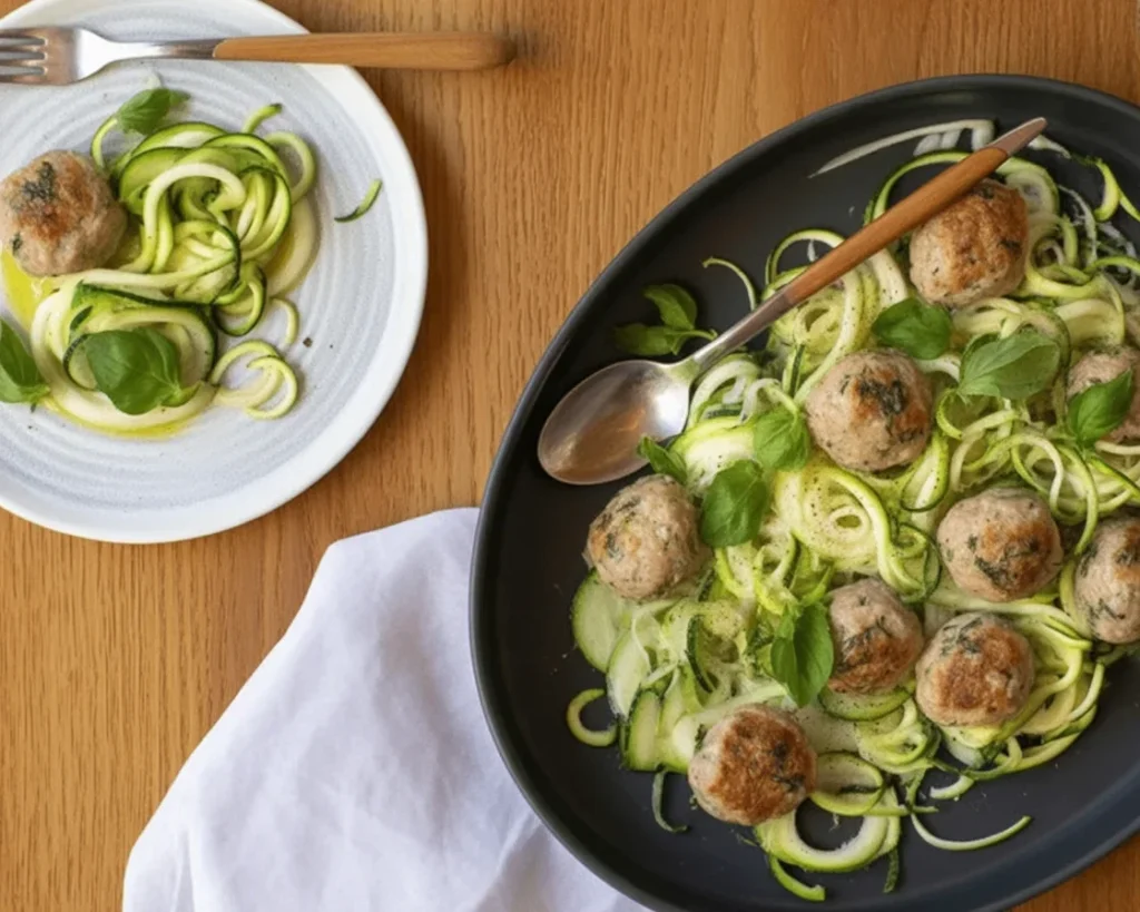 Delicious and healthy turkey meatballs served with zucchini noodles in a bowl.