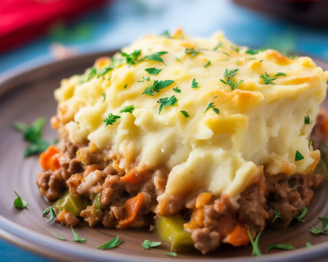 Delicious easy shepherd's pie topped with creamy mashed potatoes and savory meat filling.