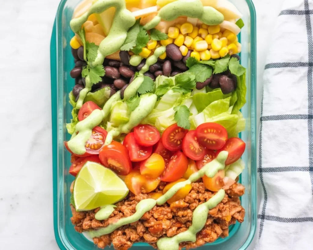Healthy taco salad meal prep bowls with ground beef, lettuce, and toppings