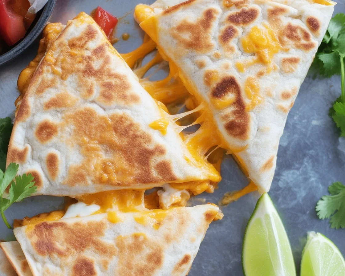 Easy chicken quesadilla recipe with melted cheese, bell peppers, and crispy tortillas.